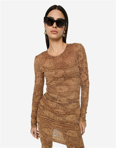 dolce gabbana beige|Short floral lace dress in Beige for Women .